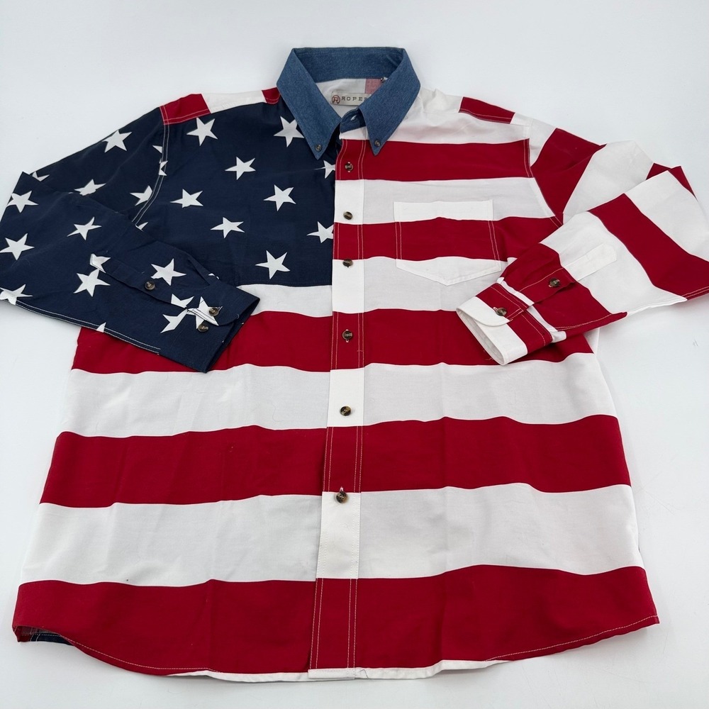 Roper Western Wear Mens American Flag Stars and Stripes Button Down Shirt Large